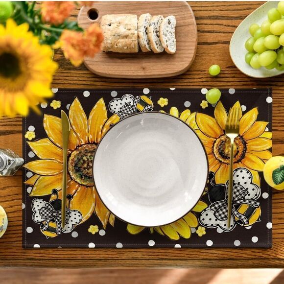 Sunflower & Bee Dining Placemats - Black and Yellow - Picture 5 of 11